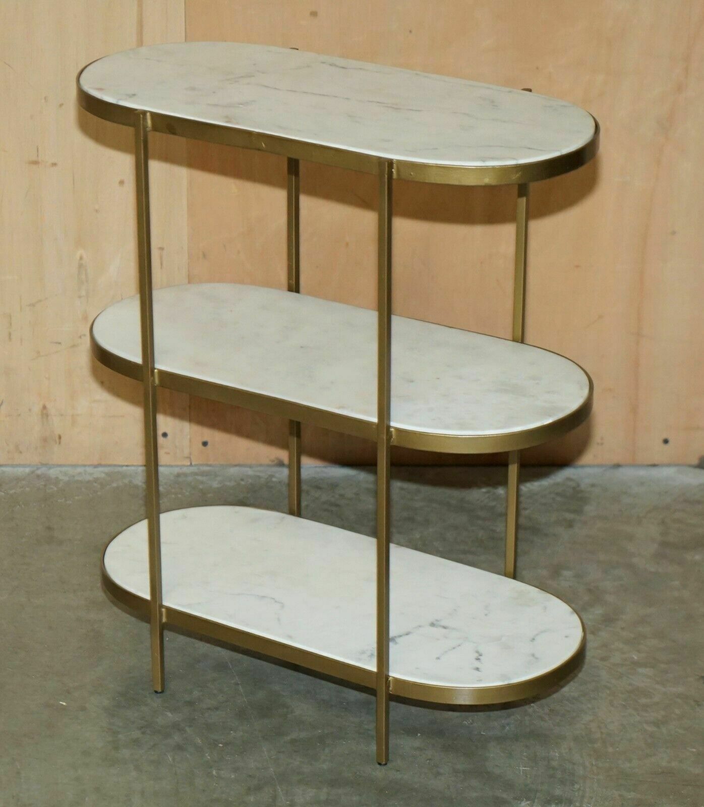 photo for sale Pair Of Vintage Italian Carrara Marble Three Tiered Side Table Sized Etageres
