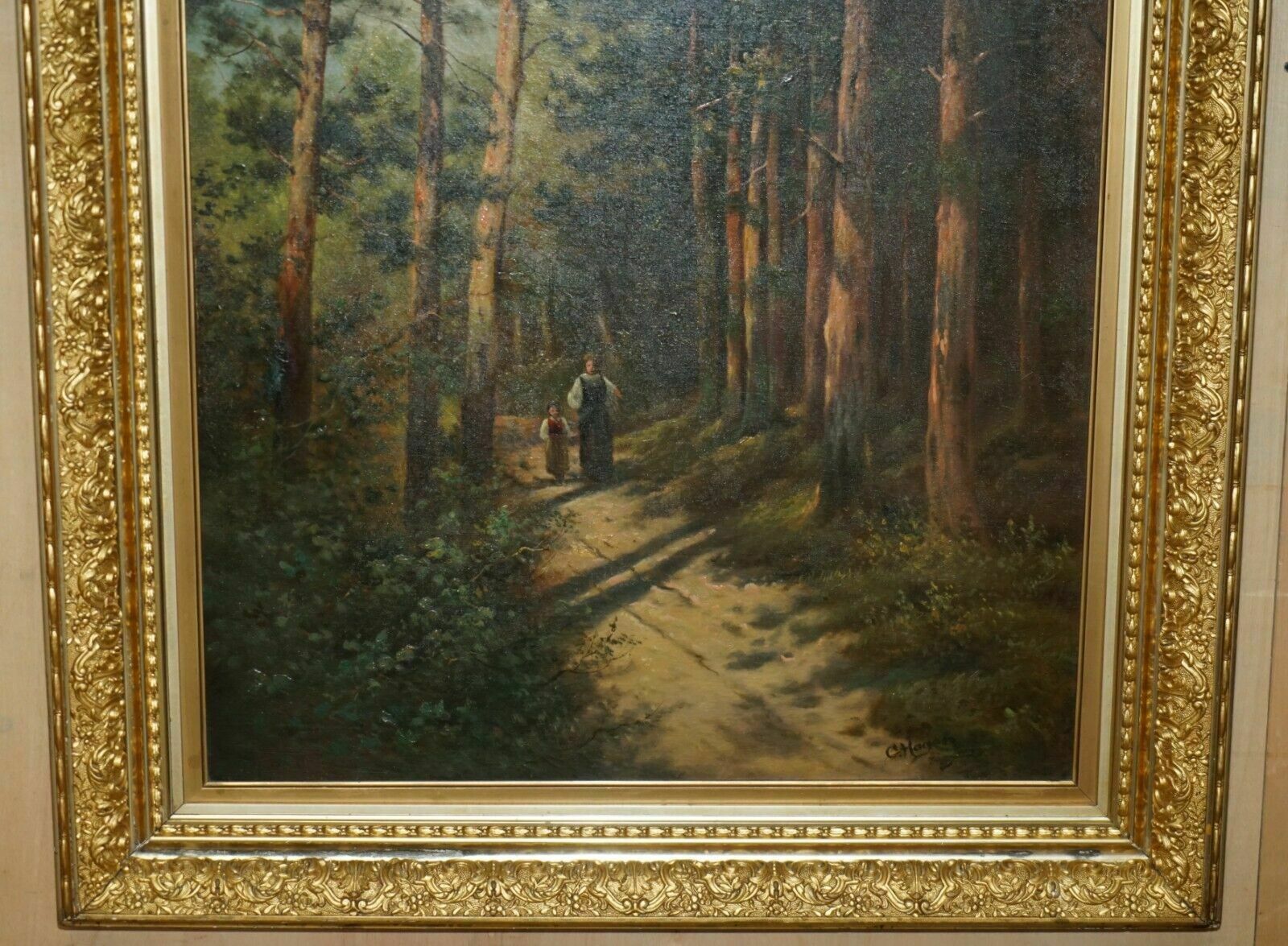 128cm Tall Continental Painting Of A Forest, Mother & Daughter Metal Gilt Frame photo furniture