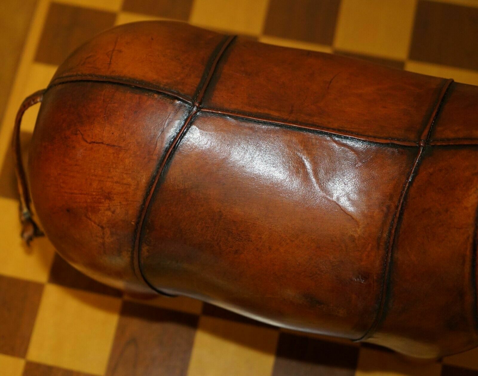 Medium New Old Stock Liberty Style Omersa Brown Bull Cow Leather  Footstool photo vinterior