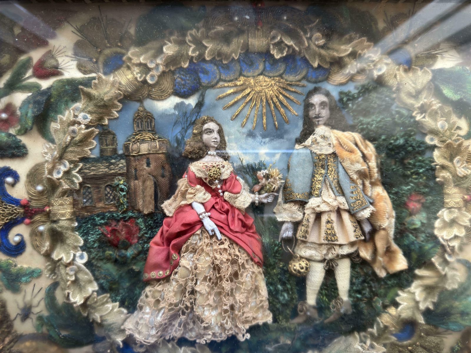 Stuart Period Stumpwork Panel   King Charles II And His Favourite Lady photo furniture