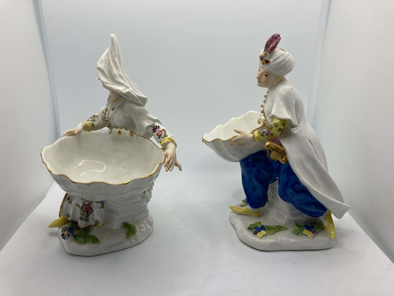 photo for sale 18th Century Meissen Turkish Pair Holding Sweetmeat / Table Salt Bowls