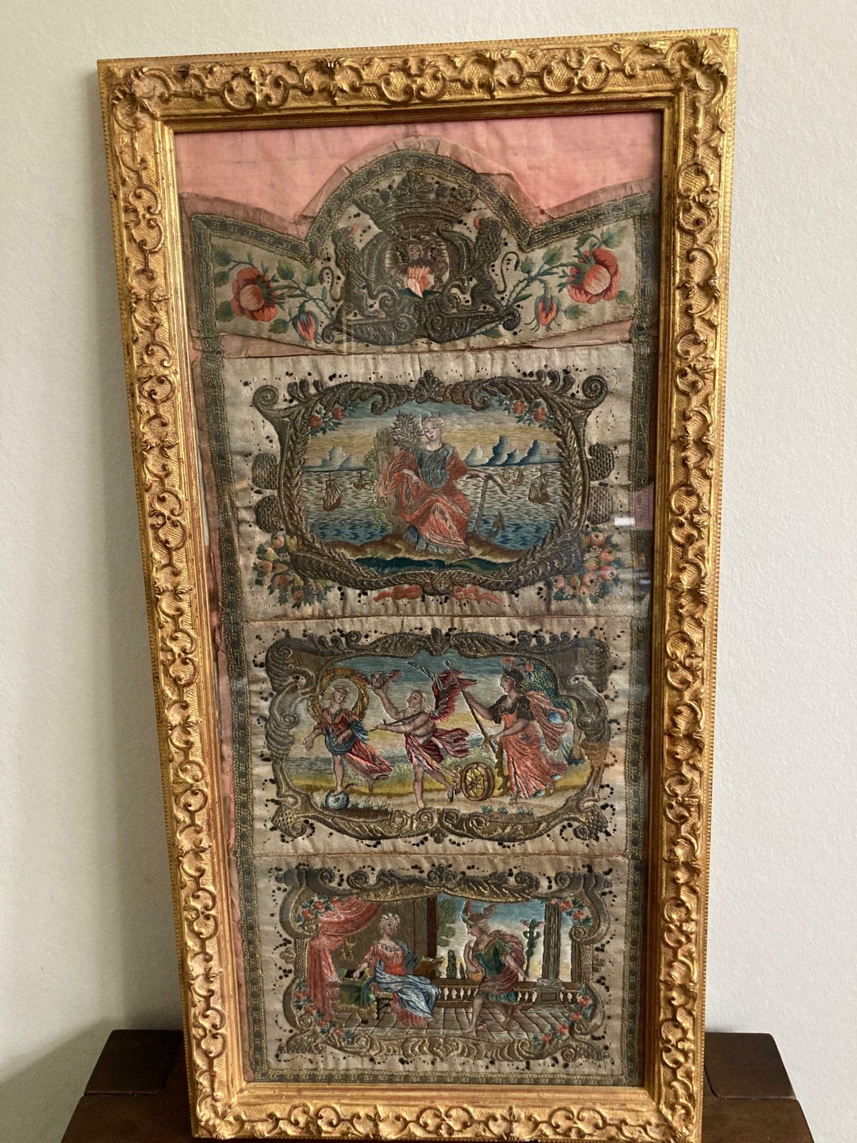 Framed Dutch 18th Century Silk And Metal Thread Embroidery photo furniture