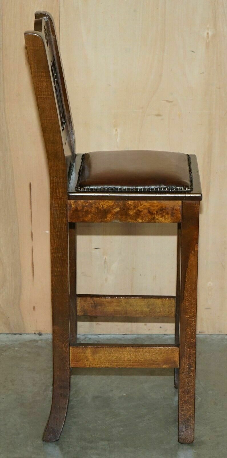photo for sale Vintage Pair Of Fully Restored Brown Leather Arts & Crafts Kitchen Bar Stools