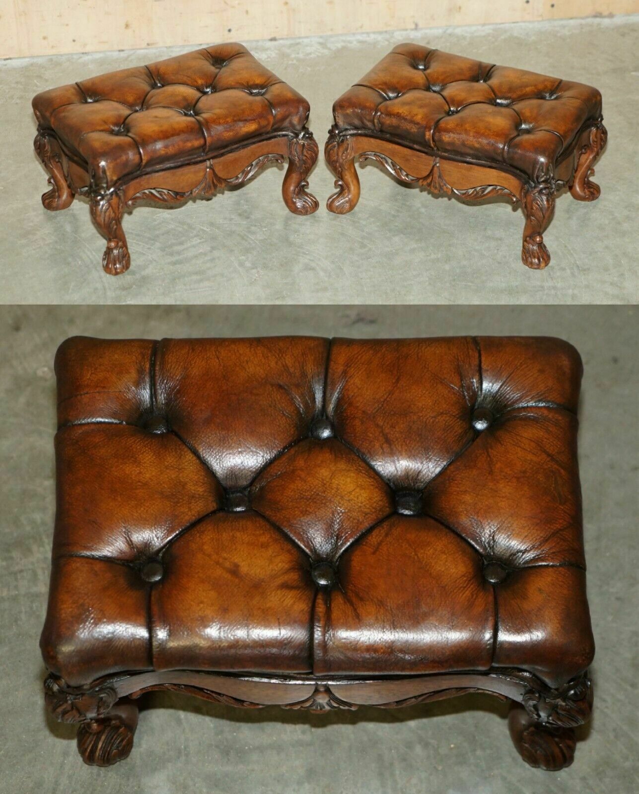Fine Pair Of Ornate Hand Carved Victorian Brown Leather Chesterfield Footstools
