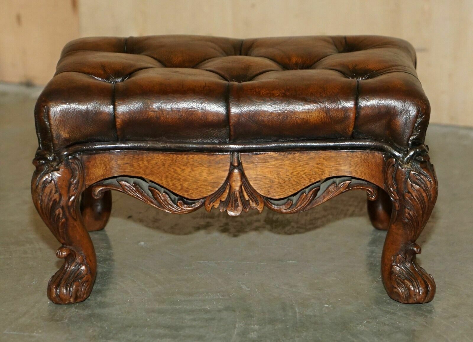 Fine Pair Of Ornate Hand Carved Victorian Brown Leather Chesterfield Footstools photo Furniture