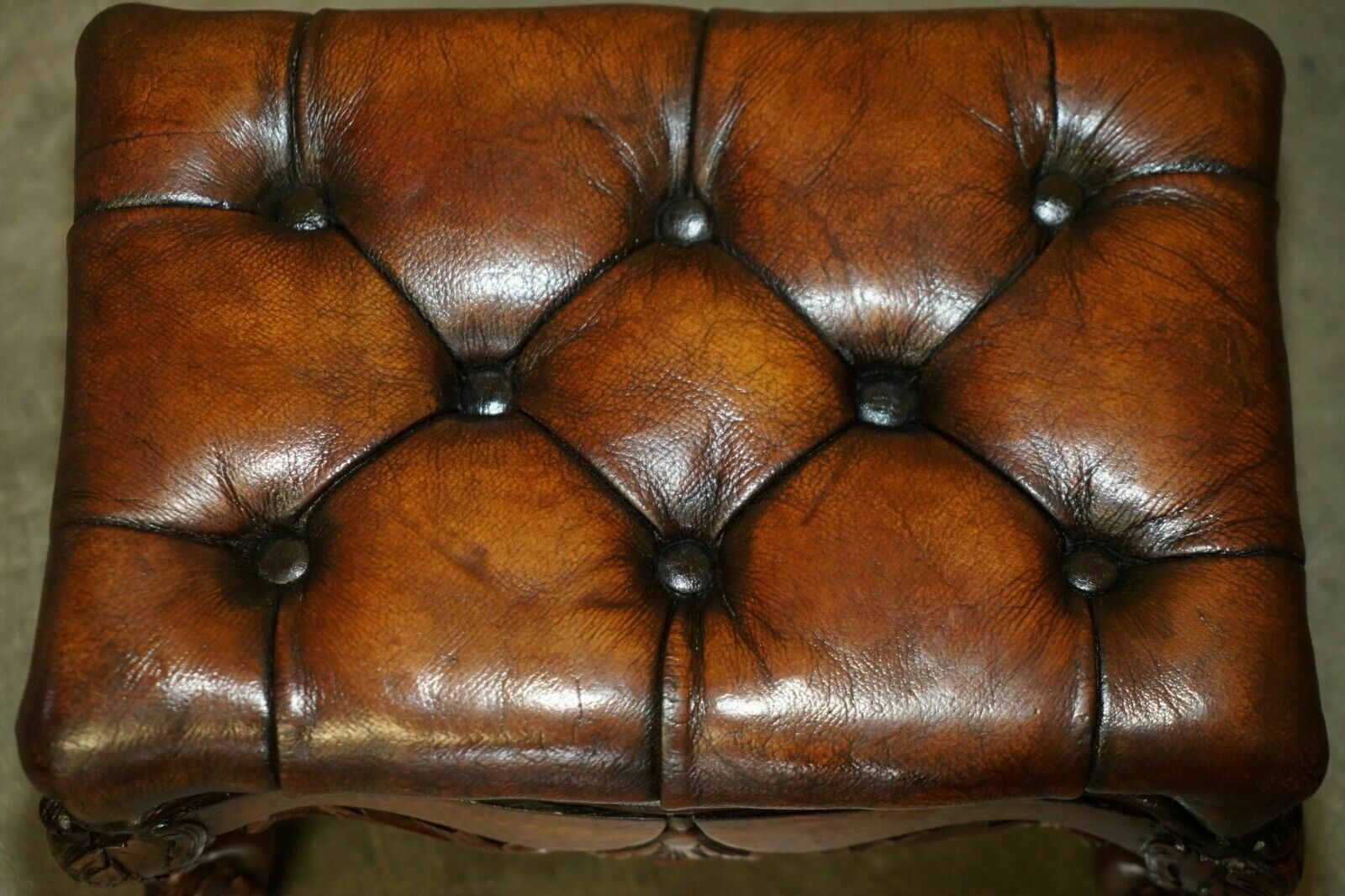Fine Pair Of Ornate Hand Carved Victorian Brown Leather Chesterfield Footstools photo vinterior