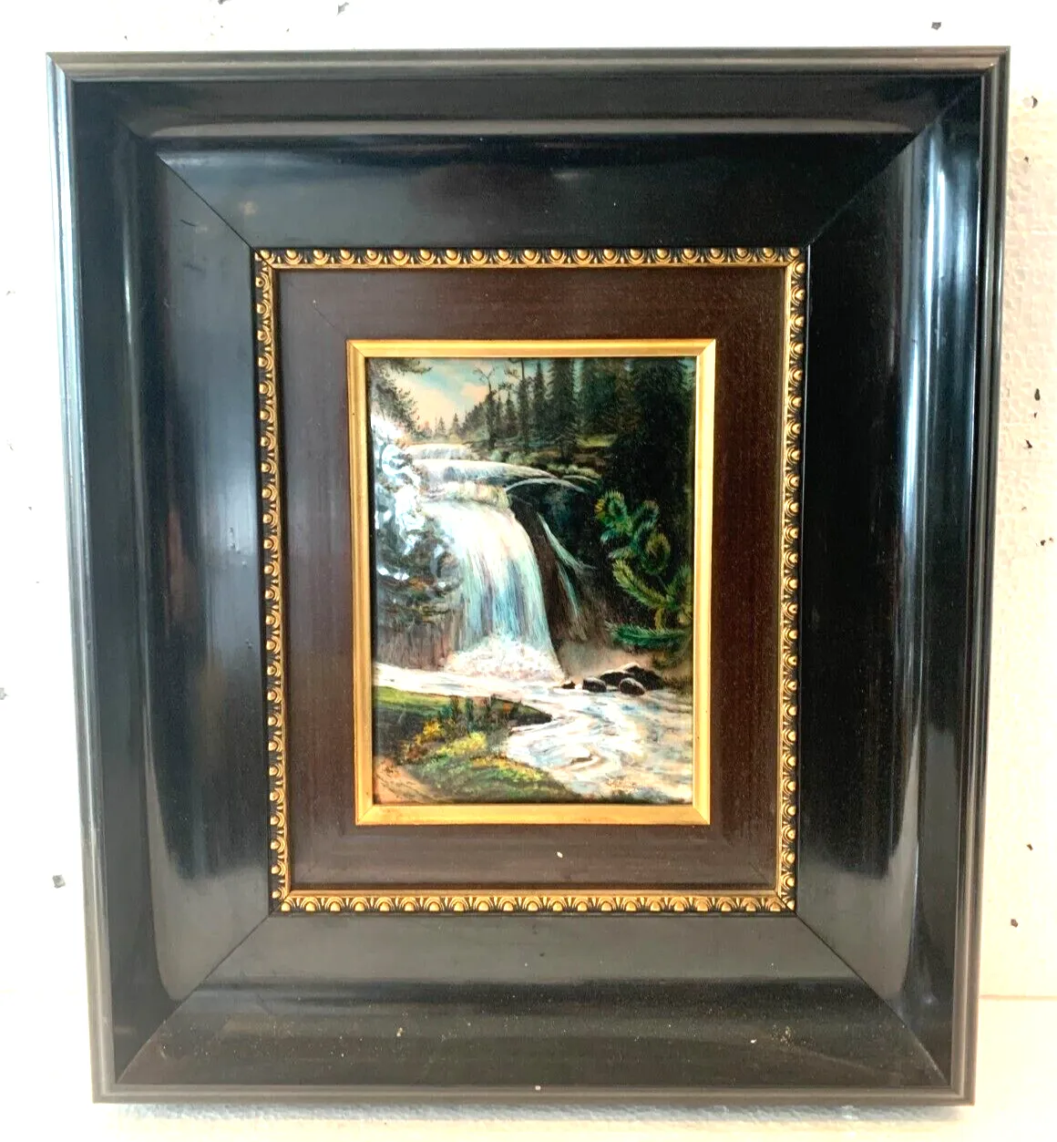 Limoges Enamels In An Ebony Frame "Waterfall In The Mountains" 20th Century