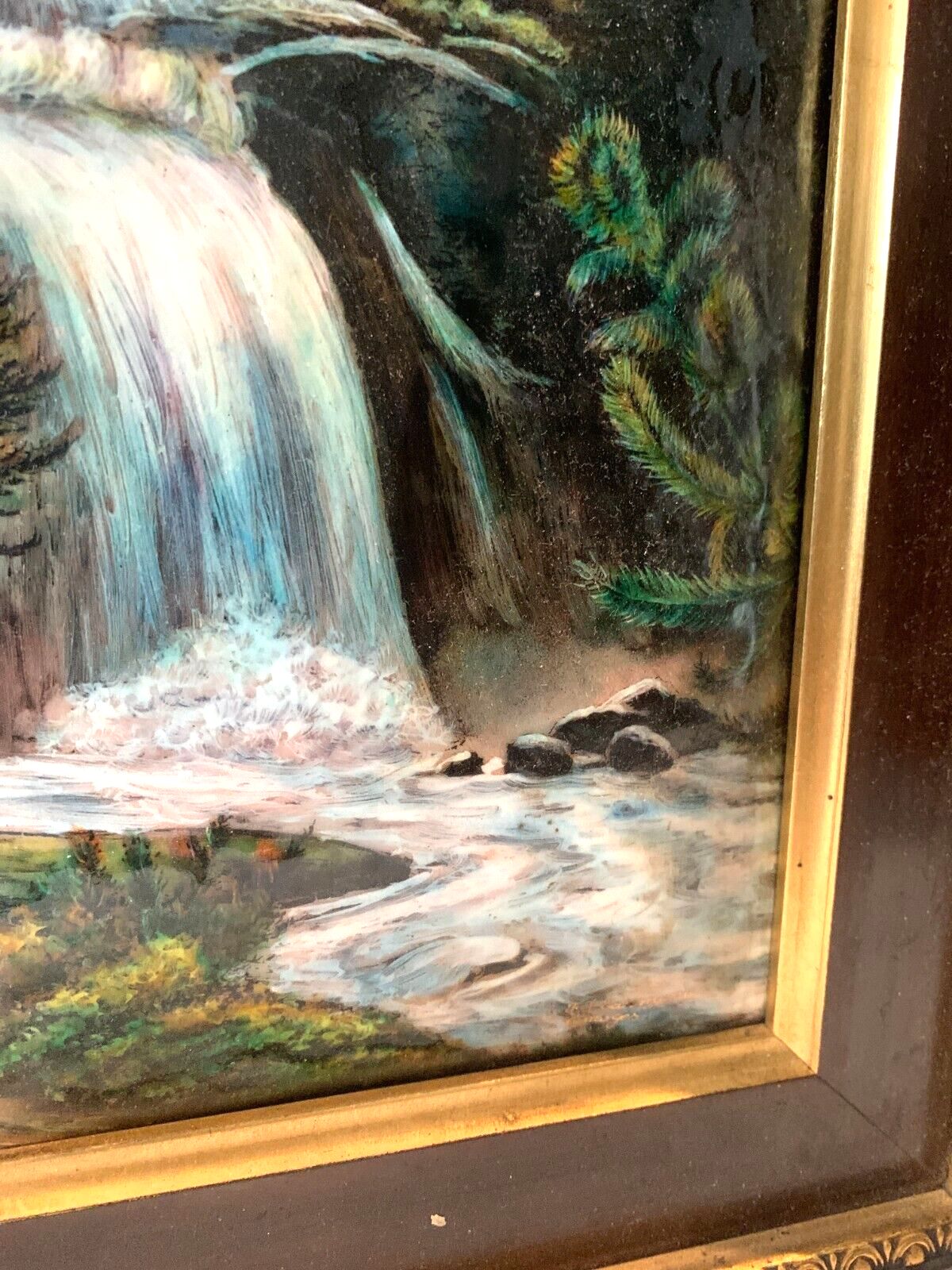 Limoges Enamels In An Ebony Frame "Waterfall In The Mountains" 20th Century photo for sale