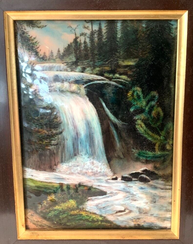 Limoges Enamels In An Ebony Frame "Waterfall In The Mountains" 20th Century photo vinterior