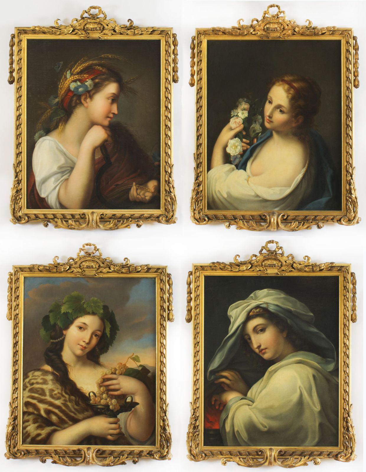 Antique Set Of 4  Oil Paintings Four Seasons By Guiseppe Mazzolini  19th C