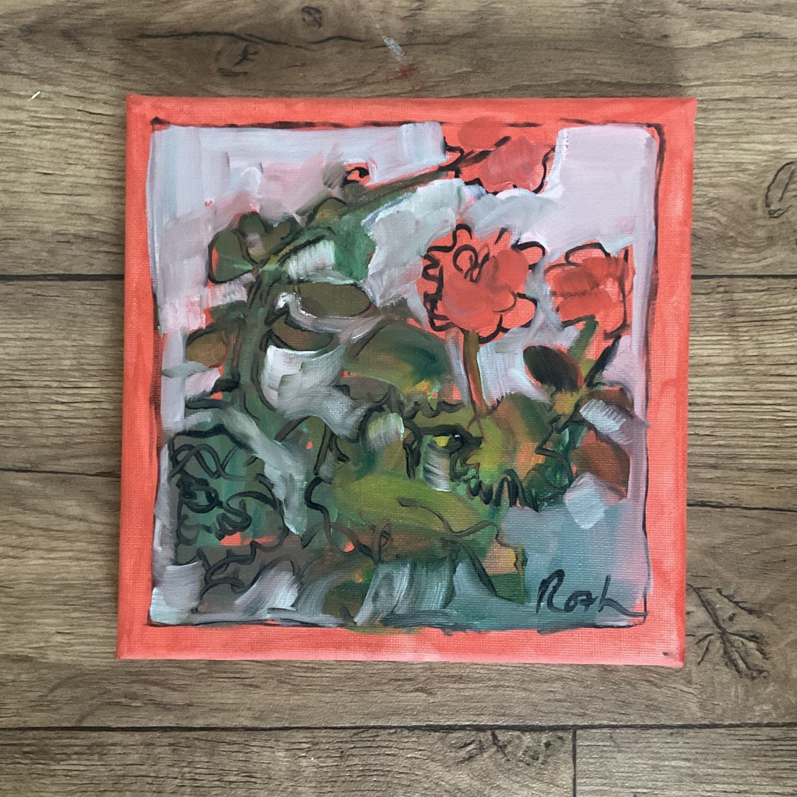 Original Oil Painting Red Pink Flowers Signed Roth 8 X 8 Inch Art photo furniture