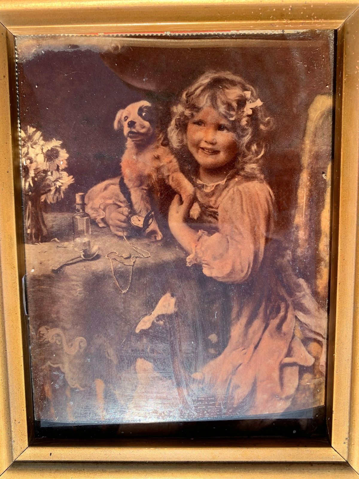Pair Of Victorian Antique Crystoleum Pictures Of A Young Girl With Her Pet Dogs photo Art
