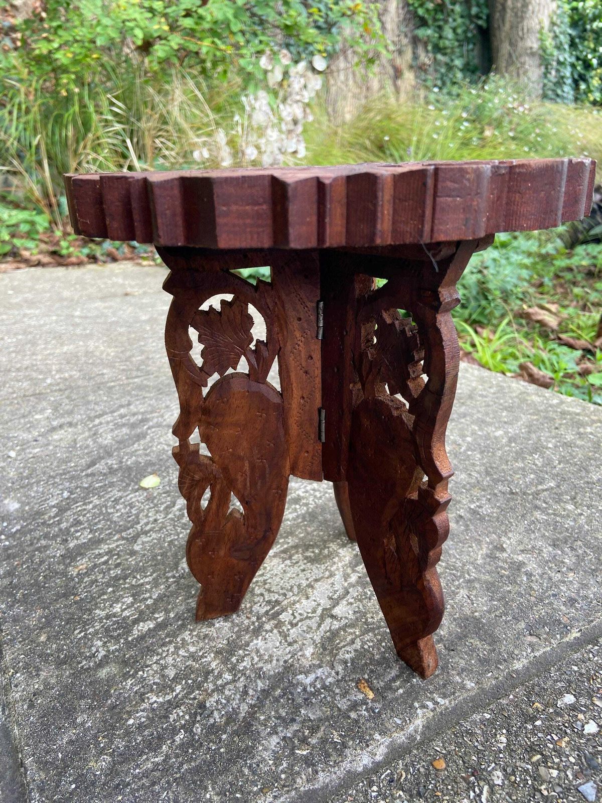 Dinky Carved Vintage Wooden Table, Folding Table, Plant Stand photo for sale