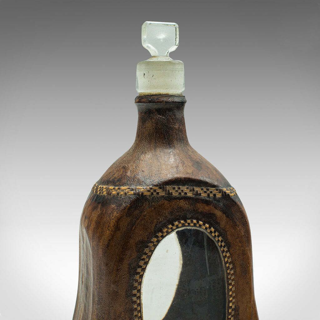 Set Of 4 Antique Spirit Bottles, English, Leather, Glass Decanter, Victorian photo buy