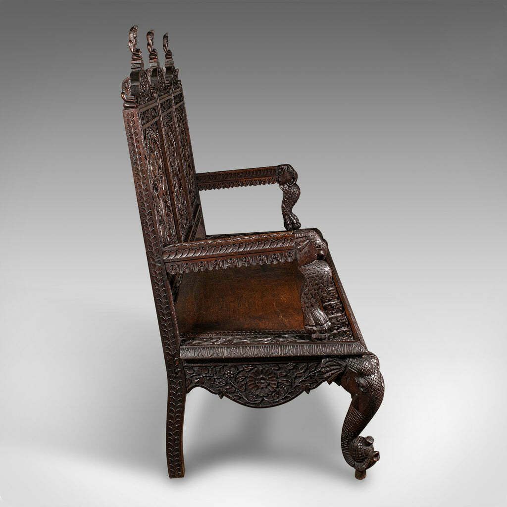 Large Antique Veranda Bench, Ceylon, Teak, 3 Seater, Ornate Seat, Victorian photo for sale