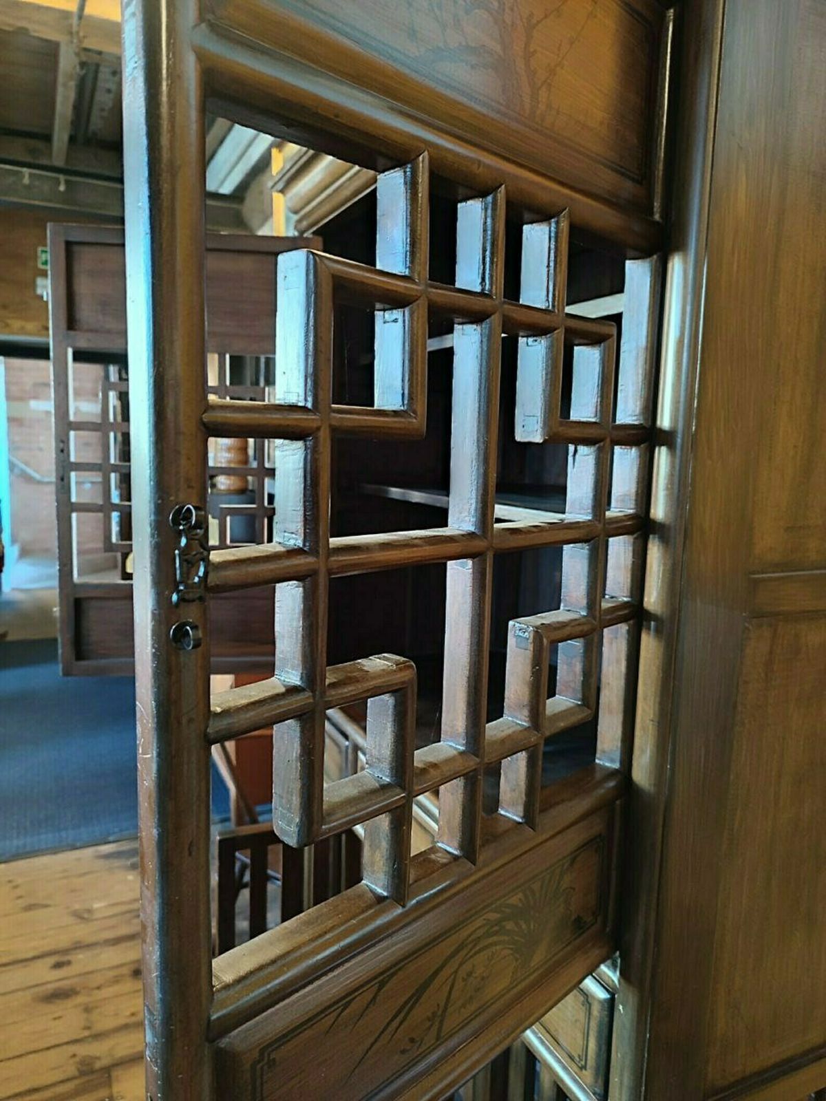 Vintage Qing Dynasty Style Elmwood Cabinet With Fretwork And Floral Motifs photo buy