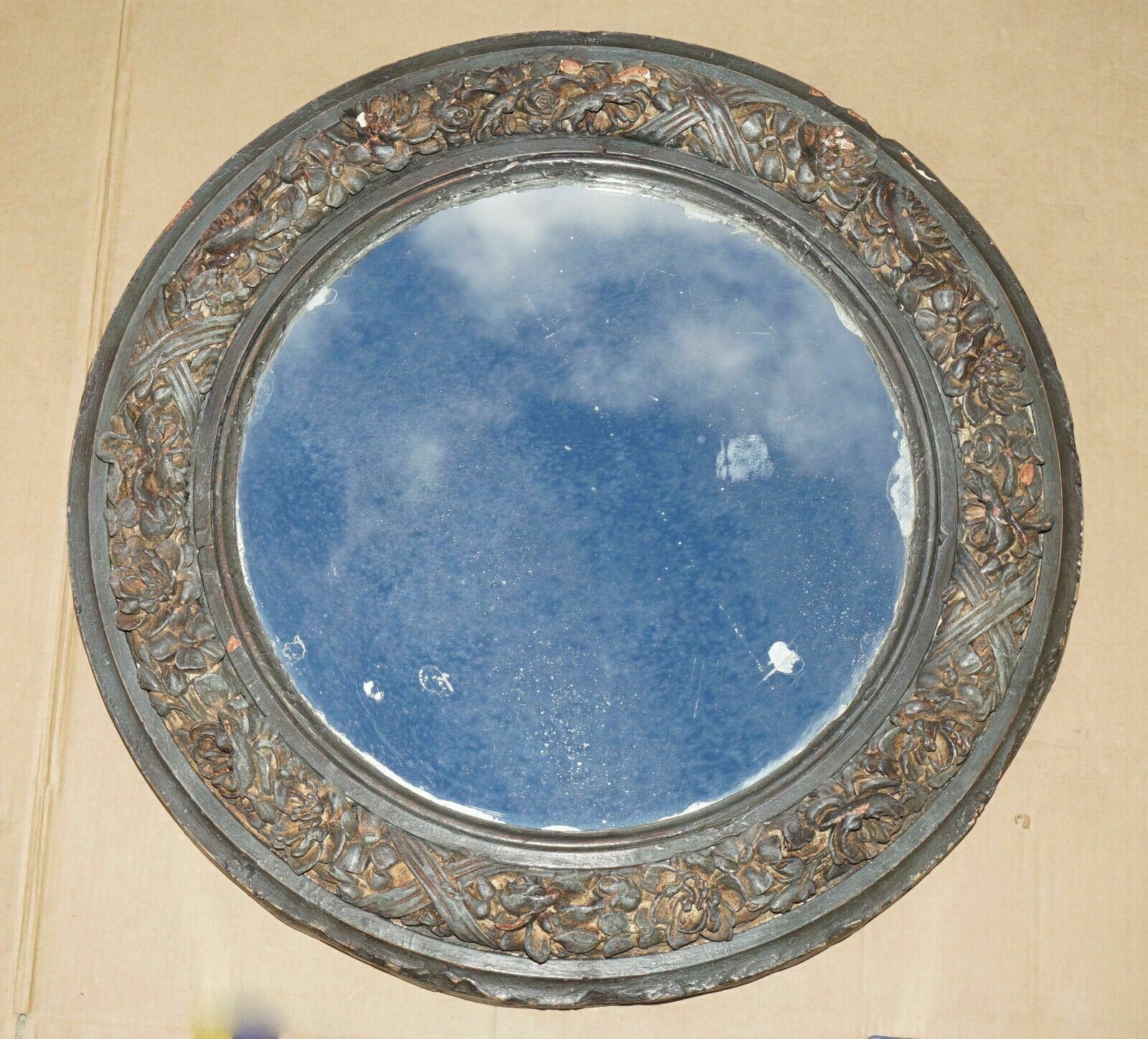 photo for sale Pair Of Original Antique Foxed Glass Heavily Carved Period Paint Wall Mirrors