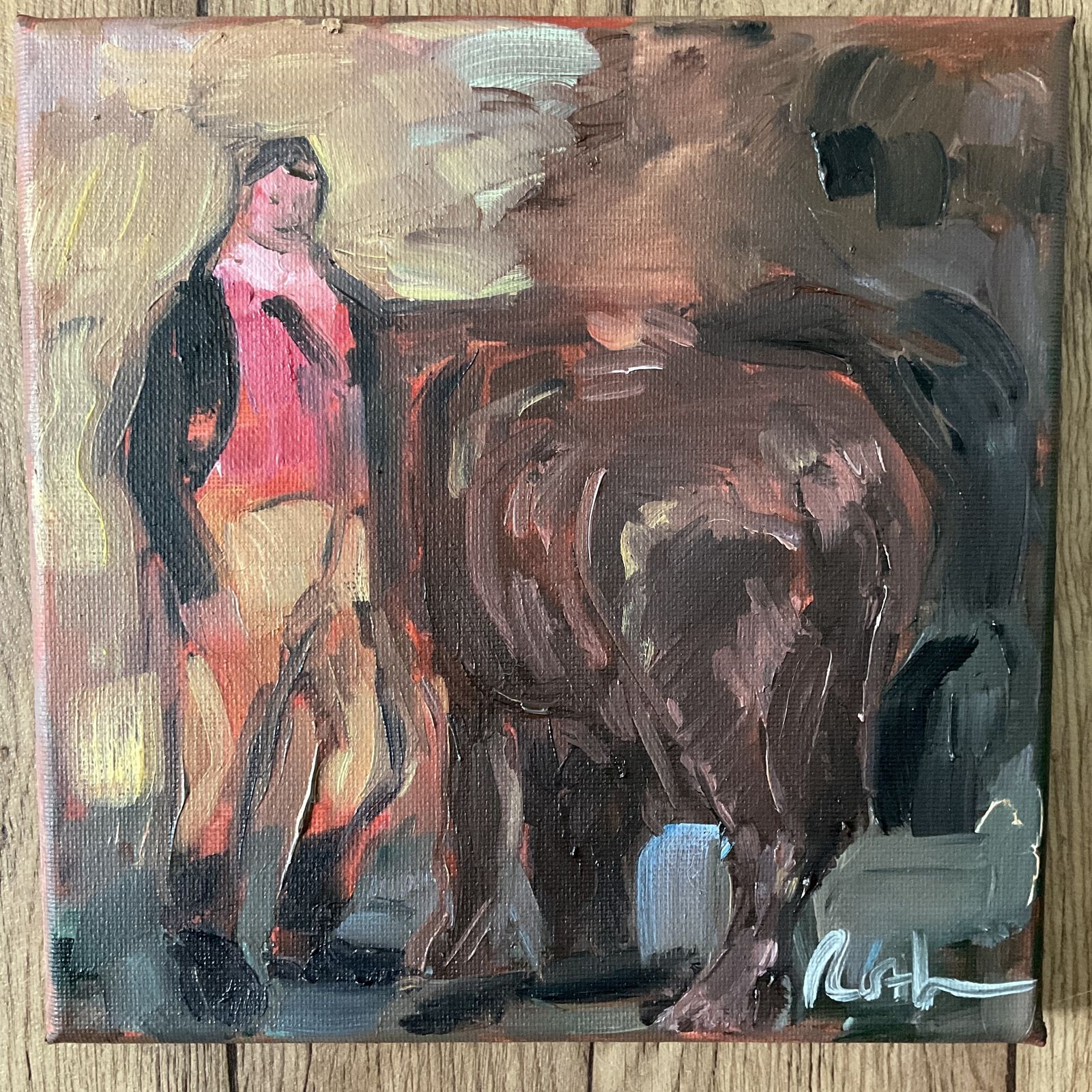 Original Oil Painting Man And Horse Signed Roth 8 X 8 Inches Art Gift Landscape photo furniture