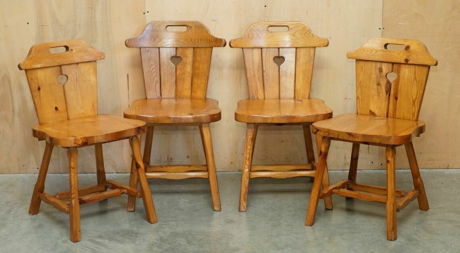 Suite Of Eight English Country House Vintage Pine Dining Chairs Heart Backs 8 photo furniture