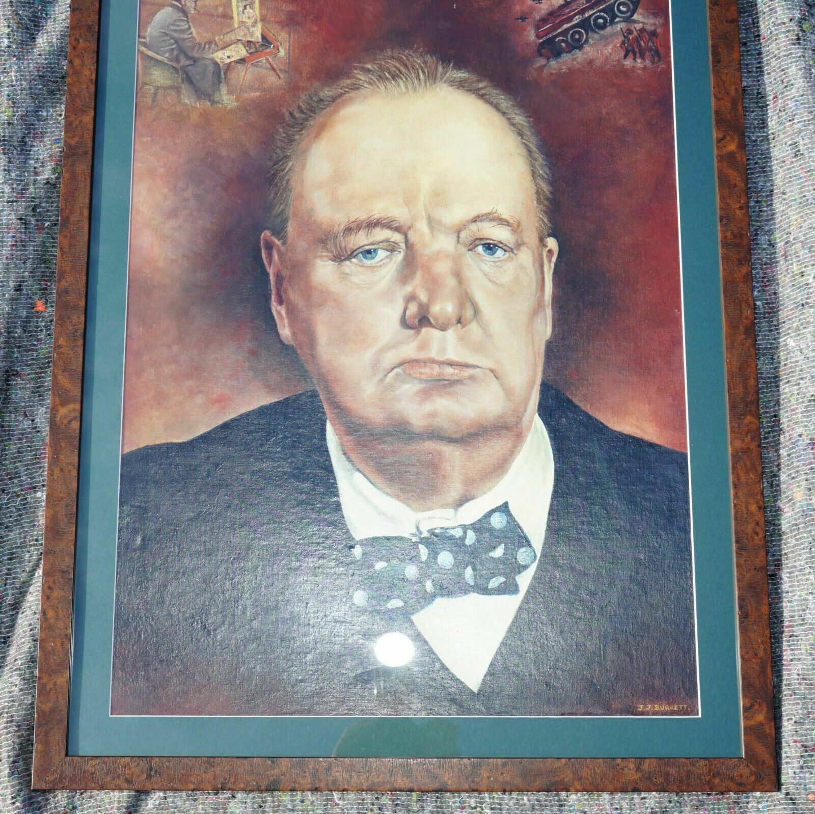 Lovely Winston Churchil Oil Painting Signed Jj Burrett Burr Oak Exhibition Frame photo furniture
