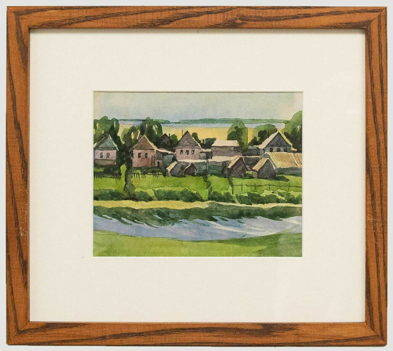 Russian School  20th Century Watercolour Houses On The River