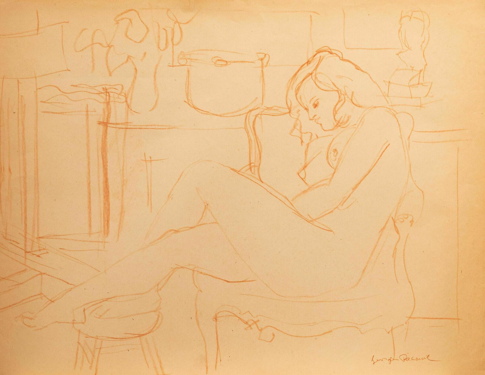 Georges Pacouil (1903 1996) Mid 20th Century Pastel, Nude In Chair