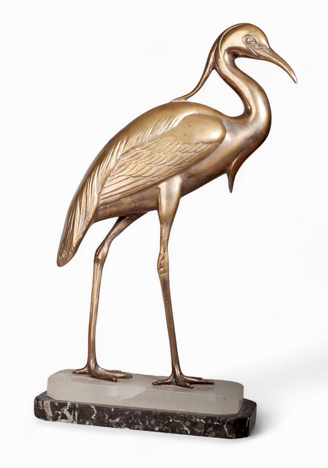 Art Déco Spelter Egret Sculpture With Marble And Alabaster Base Signed By Julcame Reg, France