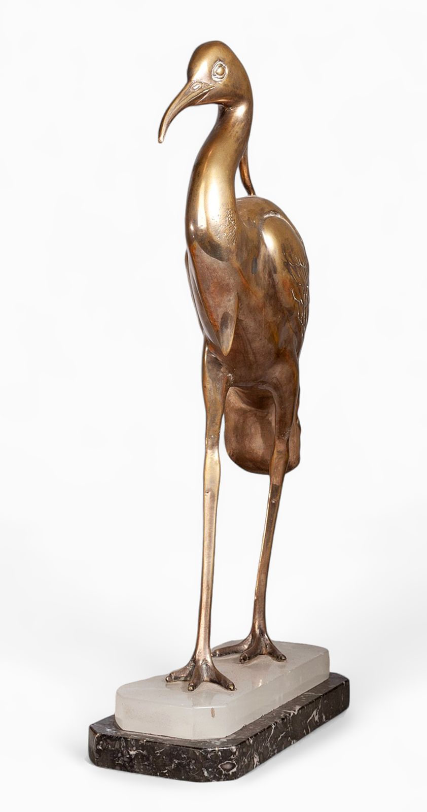 Art Déco Spelter Egret Sculpture With Marble And Alabaster Base Signed By Julcame Reg, France photo buy