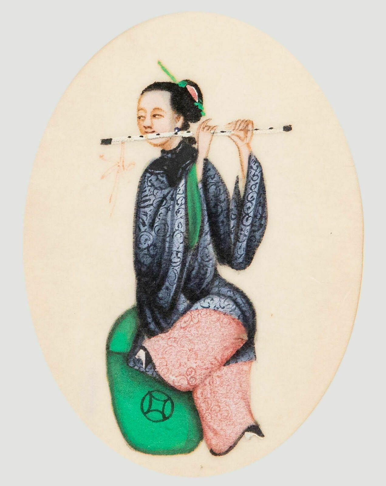 Chinese School 19th Century Watercolour Lady Playing A Dizi photo furniture
