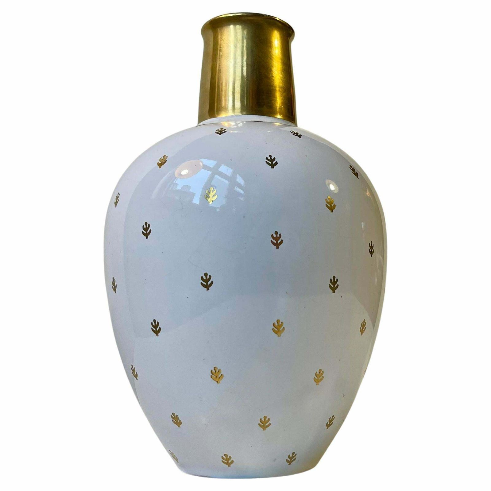 Ovoid White & Gold Glazed Ceramic Vase In The Style Of Wilhelm Kåge