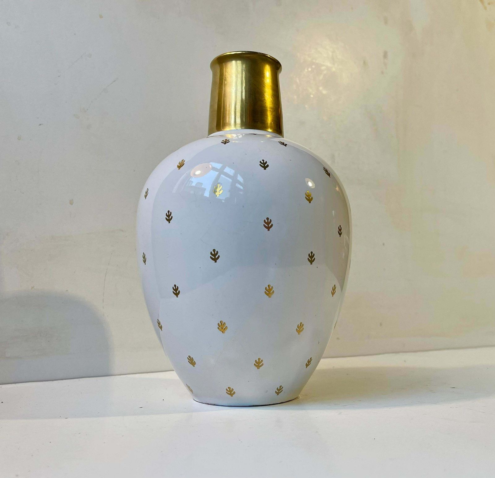 Ovoid White & Gold Glazed Ceramic Vase In The Style Of Wilhelm Kåge photo Home Decor