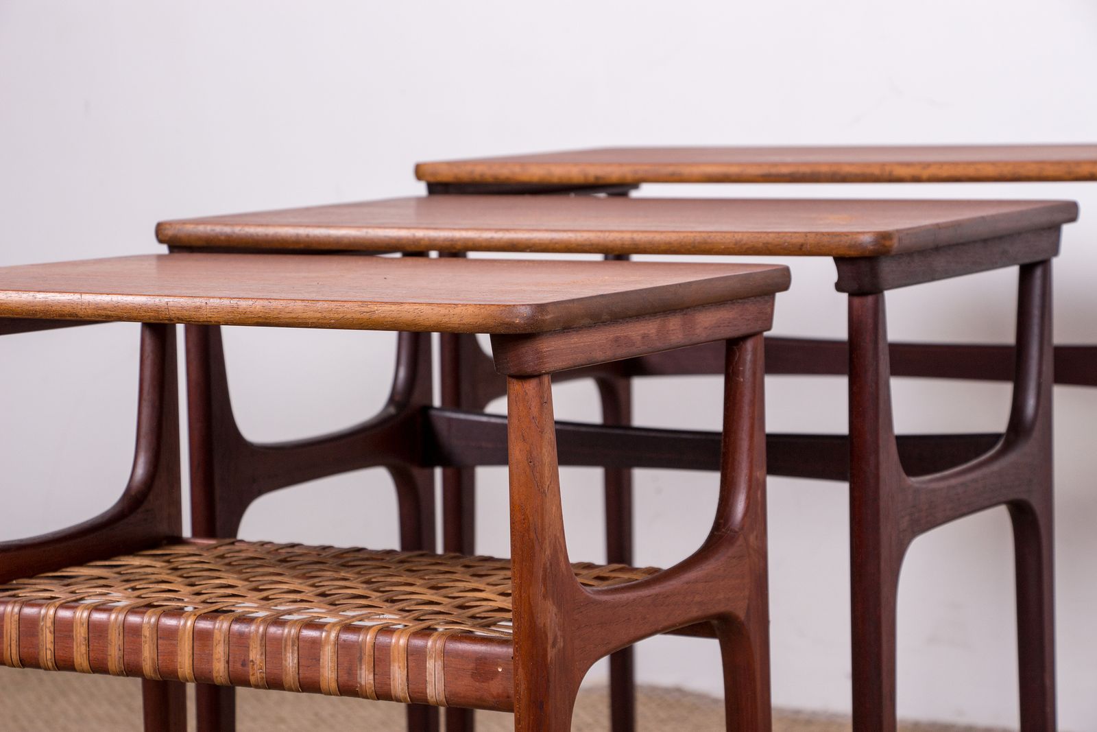 Set Of Three Danish Nesting Tables In Teak And Cane By Erling Torvits For Heltborg Mobler 1960 photo furniture
