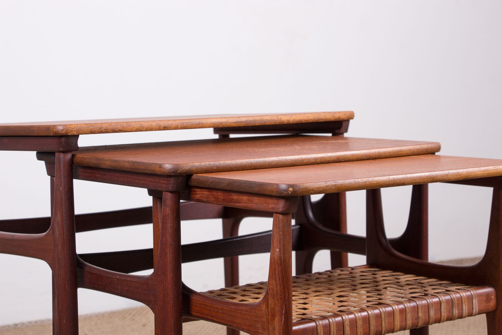 Set Of Three Danish Nesting Tables In Teak And Cane By Erling Torvits For Heltborg Mobler 1960 photo 1250.0