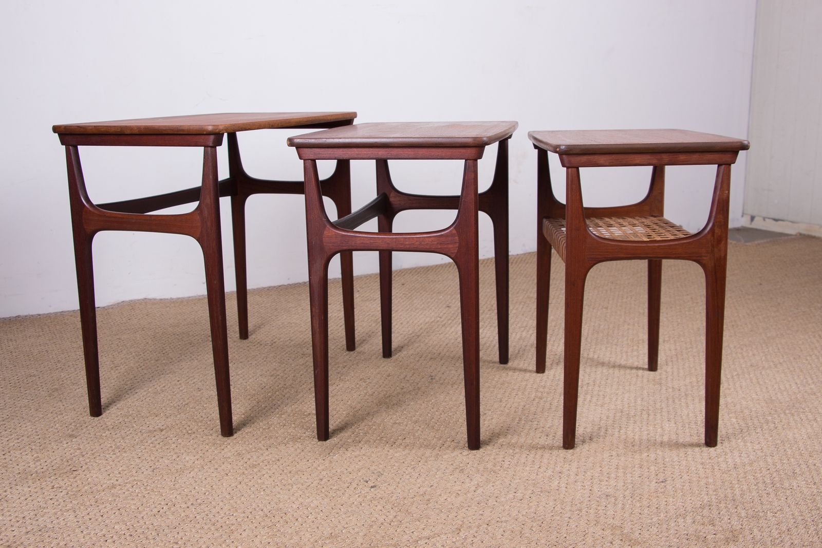 Set Of Three Danish Nesting Tables In Teak And Cane By Erling Torvits For Heltborg Mobler 1960 photo vintage