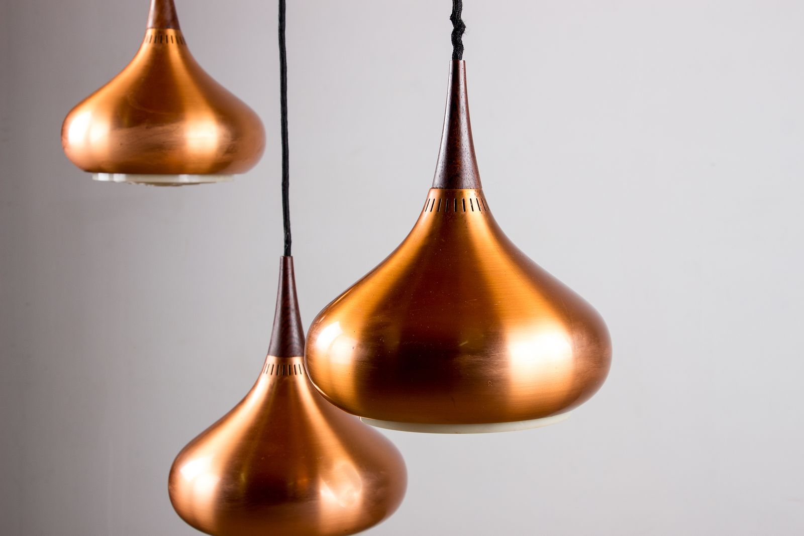 photo for sale Large Danish Triple Pendant Lamp In Metal And Rosewood, Orient Model, By Jo Hammerborg For Fog & Mørup 1965.