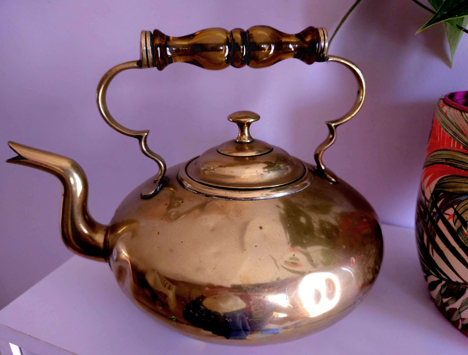 Antique Brass Kettle With Amber Glass Handle By J. Clews Of Birmingham photo Home Decor