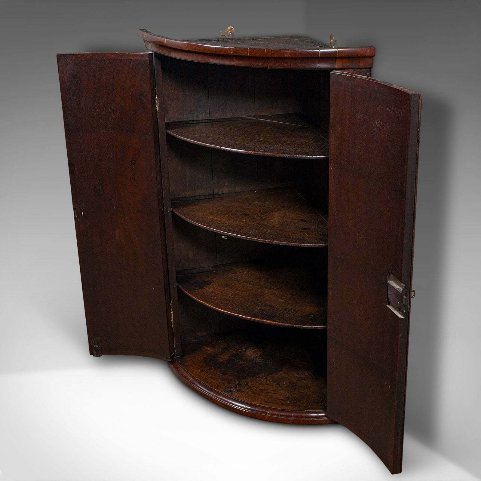 Antique Bow Front Corner Cabinet, English, Flame, Wall Cupboard, Georgian, 1780 photo Furniture