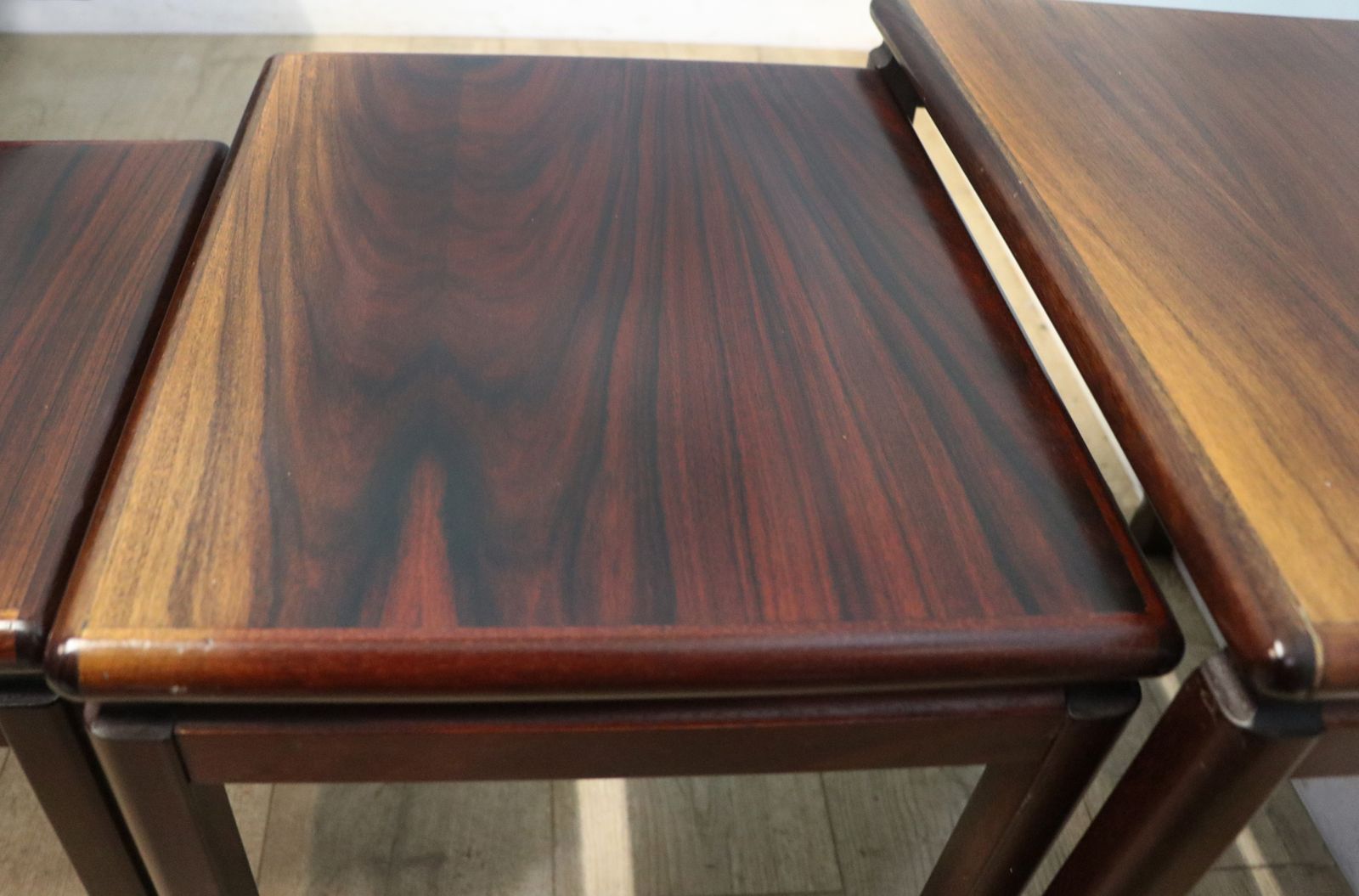 photo for sale An Absolutely Lovely Nest Of Scandinavian Hardwood Veneered Nest Of Occasional Tables.