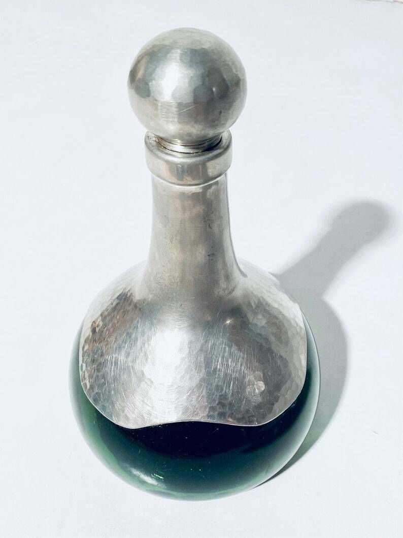 Art Deco Green Glass & Pewter Spirit Decanter France / Vintage Decor photo 184.0