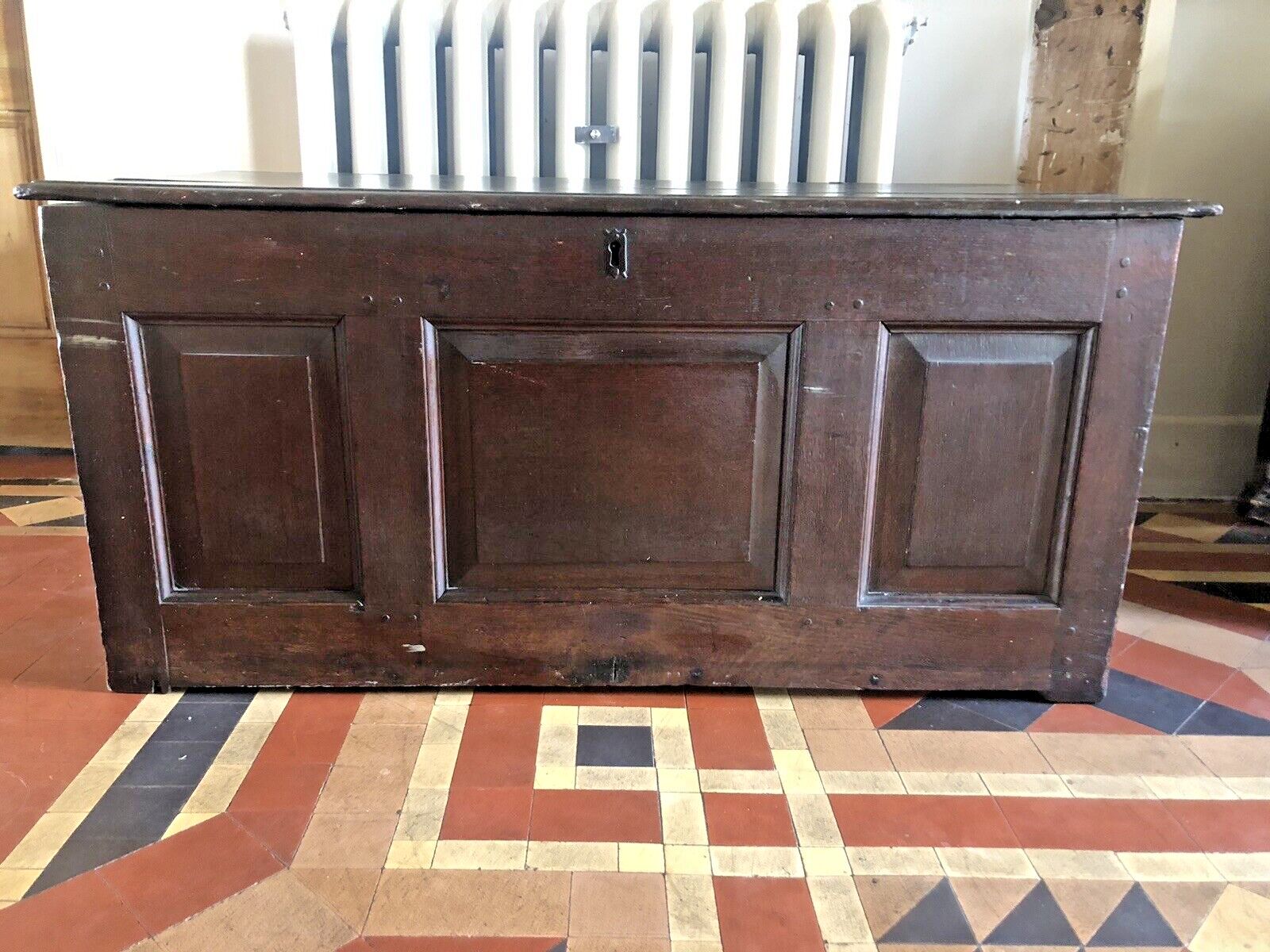 Antique Period English Original Georgian Rustic Oak Coffer Chest Trunk