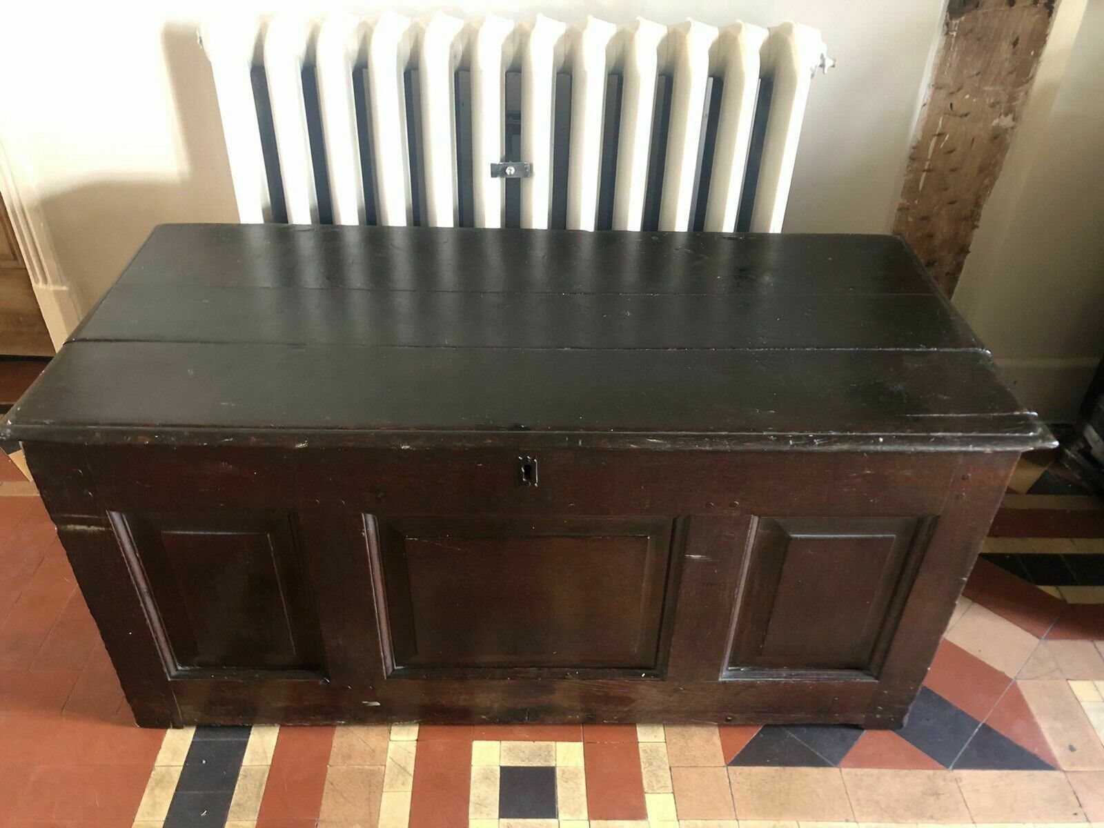 Antique Period English Original Georgian Rustic Oak Coffer Chest Trunk photo for sale