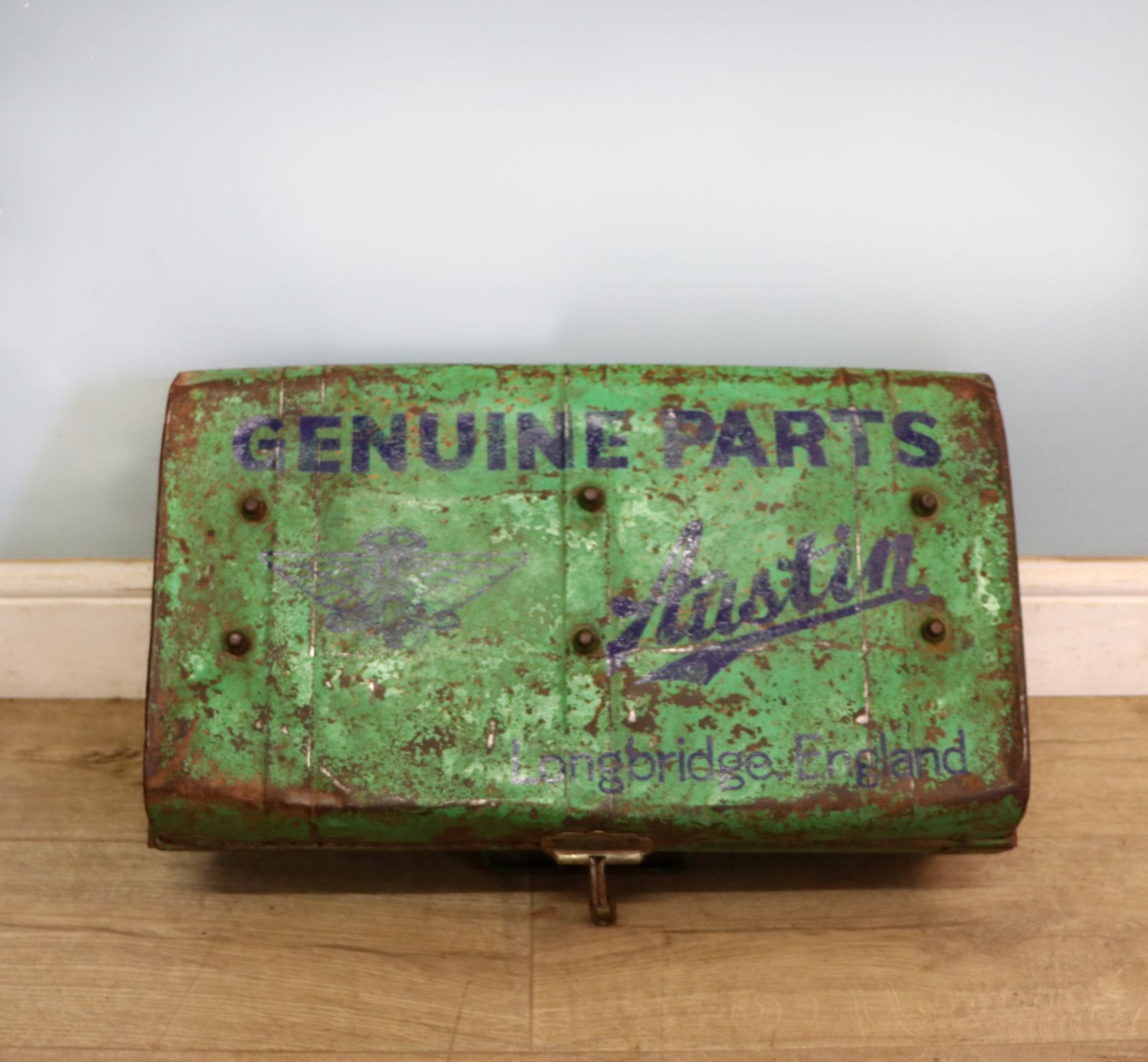 A Lovely Vintage Metal Trunk That Has Been Hand Sign Written With The Emblem For Austin Cars.