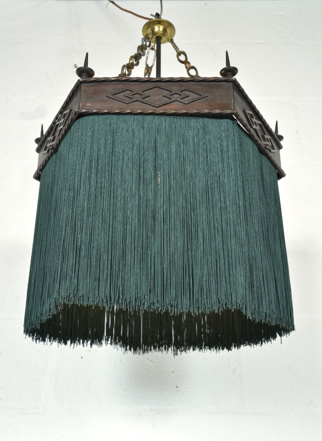 Gothic Revival Hexagonal Copper Green Tassel Fringe Pendant Light 1900s photo Lighting