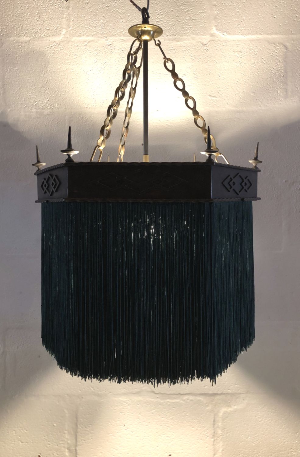 photo for sale Gothic Revival Hexagonal Copper Green Tassel Fringe Pendant Light 1900s