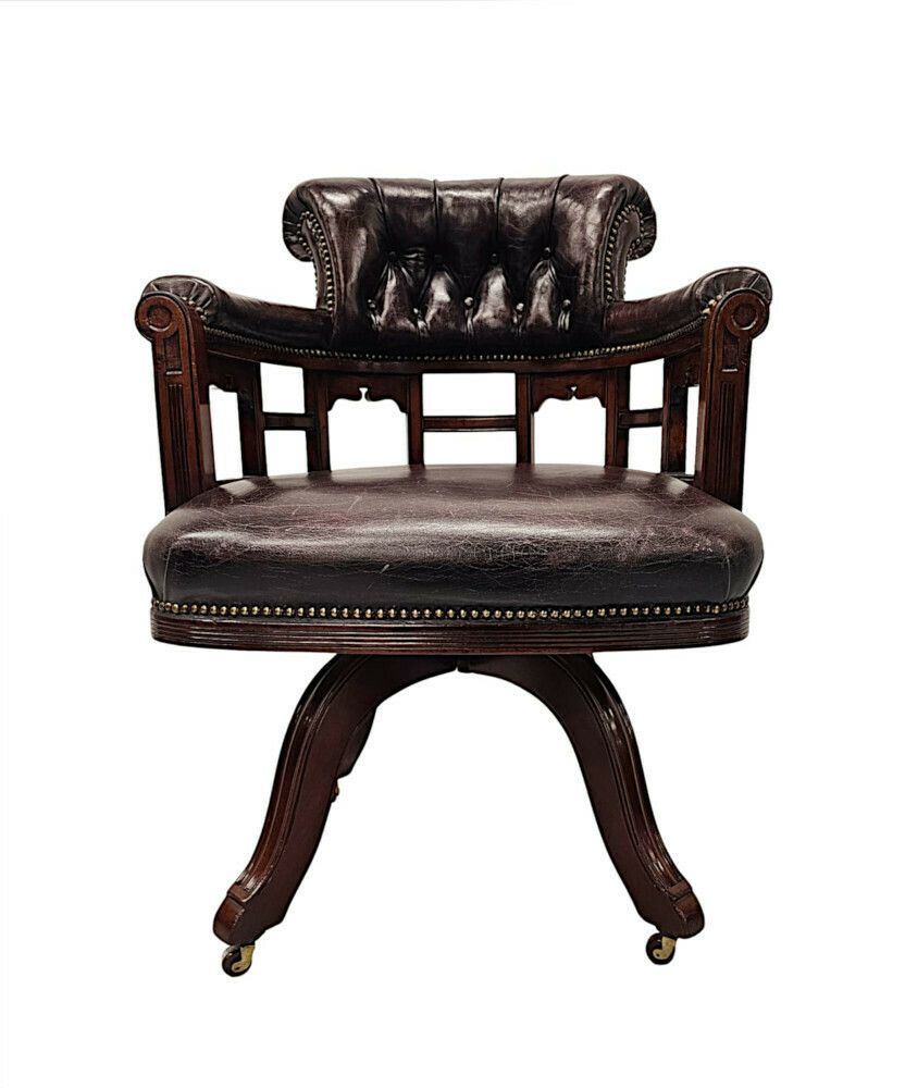 A Very Fine 19th Century Mahogany And Button Back Leather Revolving Office Or Desk Chair photo for sale