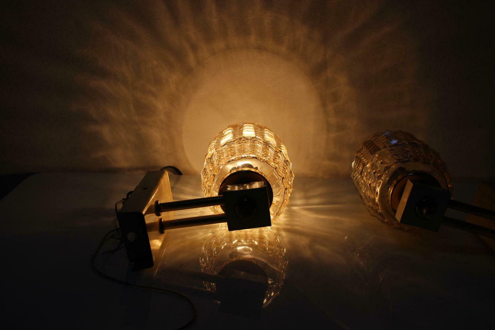 1970s Pair Of Two Wall Lamps With Glass Shades, Czechoslovakia photo for sale