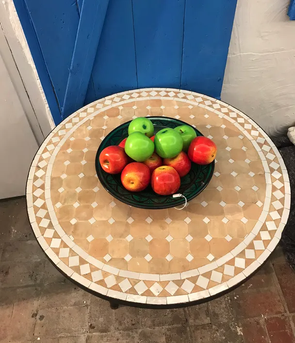 Tavole Calde 80cm Diam Handcrafted Moroccan Mosaic  Tiled Table White And Natural   With Iron Base And 2 Maintenance Products. New Unused Old Stock
