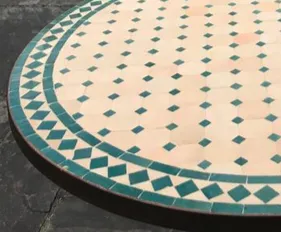 Tavole Calde 120cm Diam Handmade Moroccan Mosaic Tile Table Dark Green & Natural  With Iron Base And 2 Maintenance Products. New Unused Old Stock photo furniture