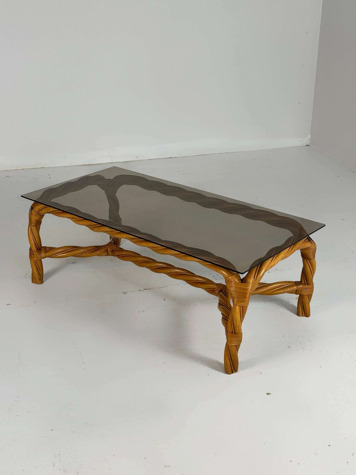 Big Curled Rattan Coffeetable With Smoked Glass Top photo furniture