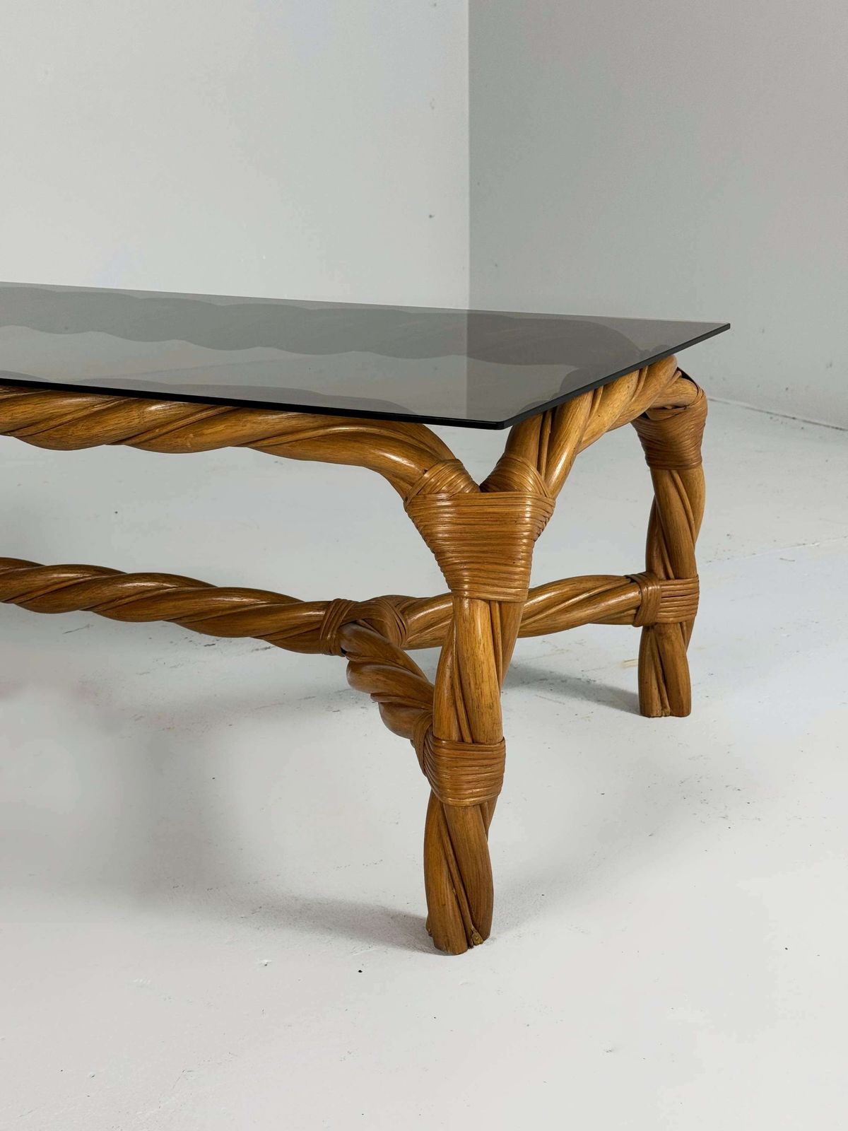 Big Curled Rattan Coffeetable With Smoked Glass Top photo for sale